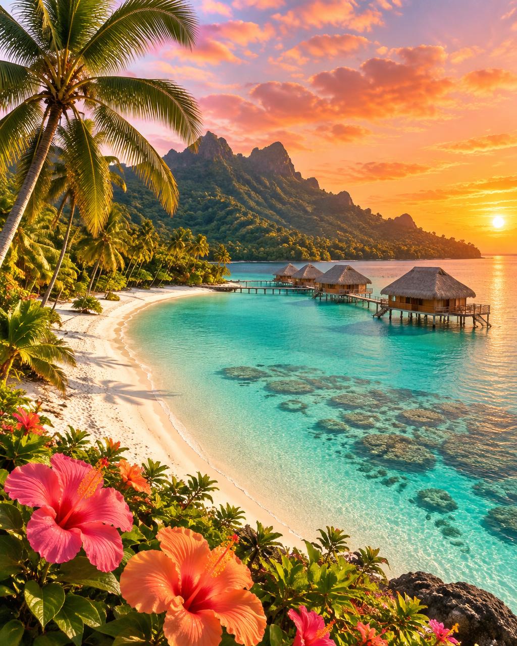 Tropical island lagoon with palm trees, white sand and overwater bungalows at sunset